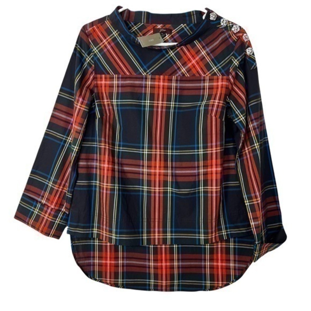 J.Crew Women Top Blouse Funnelneck shirt in Stewart tartan with jeweled buttons